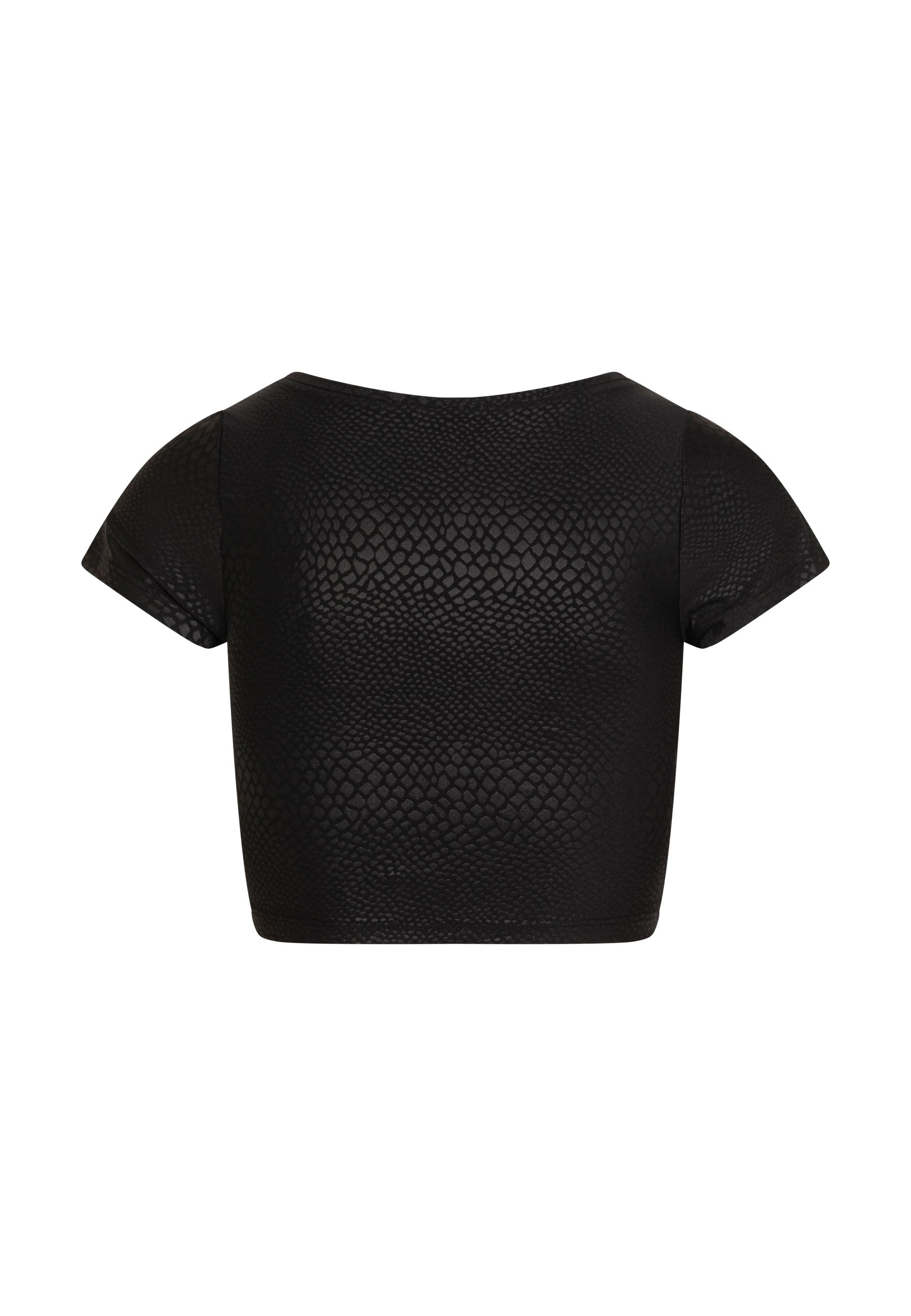 Lisminas 063 T-Shirt in Schwarz: kurz geschnitten, kurzärmlig mit dezenter Struktur und hohem Tragekomfort in Lederoptik.